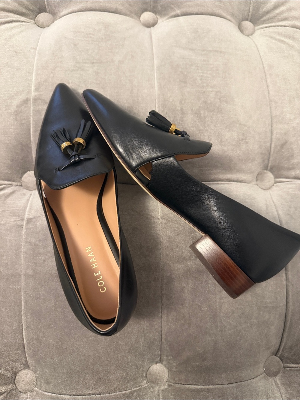 Cole Haan Black Leather Pointed Tassel Loafers